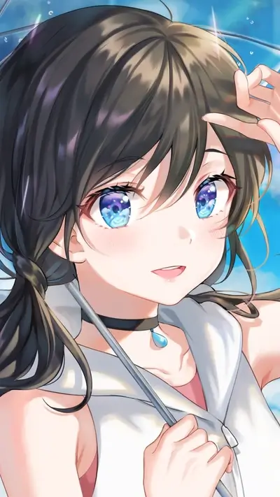 Anime girl with blue eyes under umbrella, portrait view