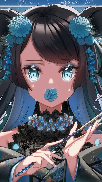 Anime girl with blue flowers adorning her hair and face