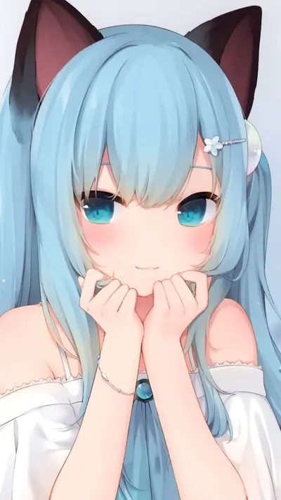 Anime girl with blue hair and cat ears, cute pose