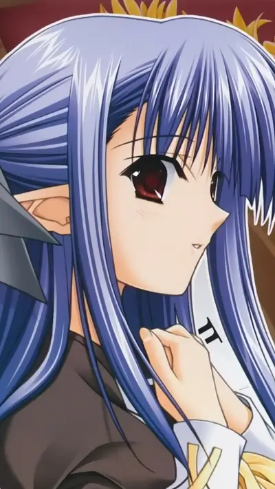 Anime girl with blue hair and red eyes in side view