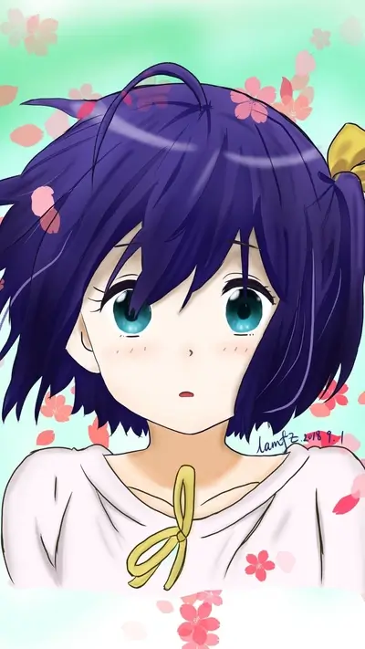 Anime girl with blue hair and yellow ribbon, surrounded by flowers