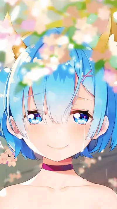 Anime girl with blue hair, crying softly