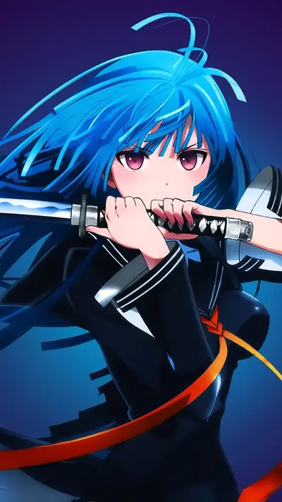 Anime girl with blue hair holding katana ready to strike