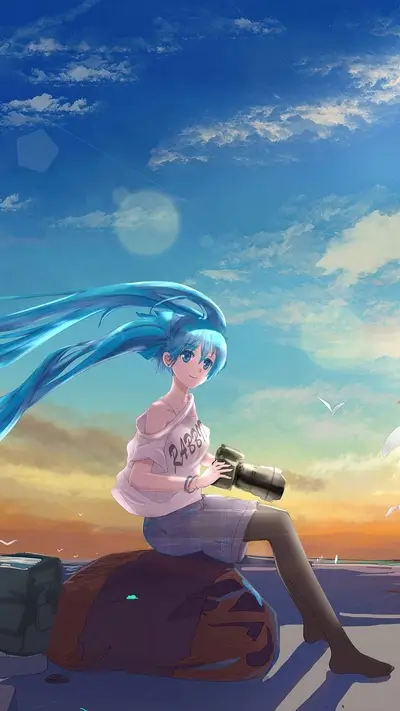 Anime girl with blue hair sitting on luggage