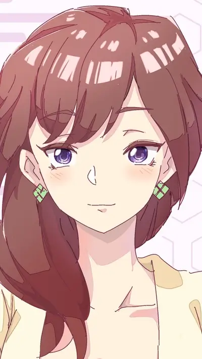 Anime girl with brown hair and green earrings, portrait view, charming smile