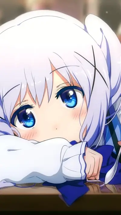 Anime girl with captivating blue eyes rests her head on her arms