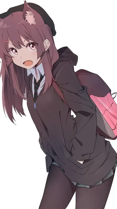 Anime girl with cat ears and black beanie wearing a school uniform
