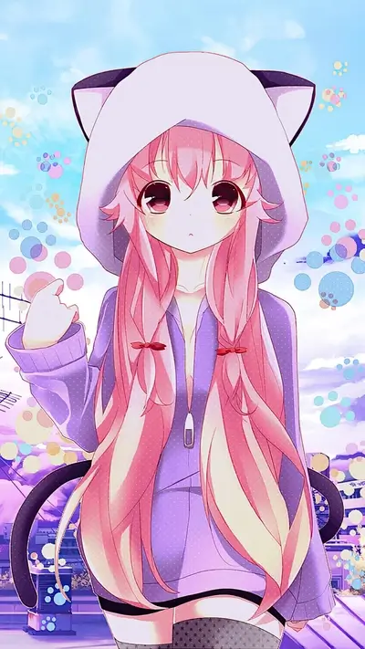 Anime girl with cat ears and tail in pastel colors