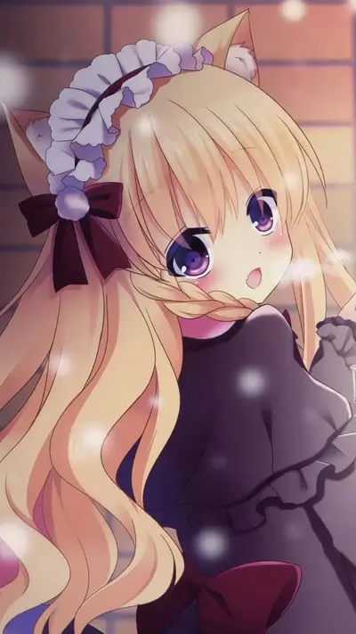 Anime girl with cat ears, frilly headband, and big purple eyes, looking back.