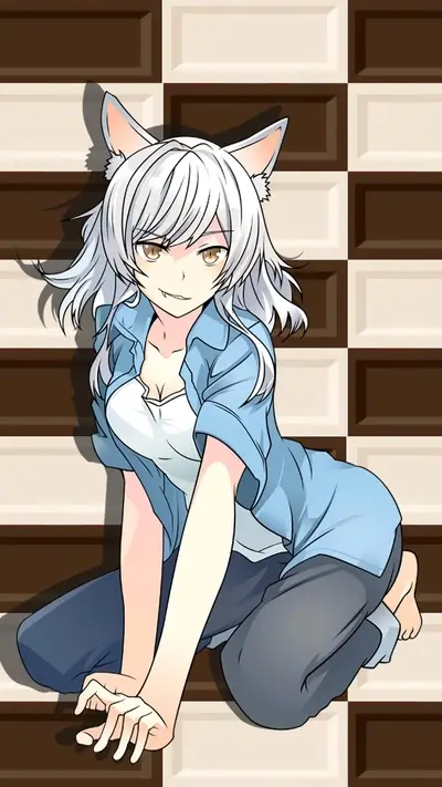Anime girl with cat ears kneeling on chocolate floor
