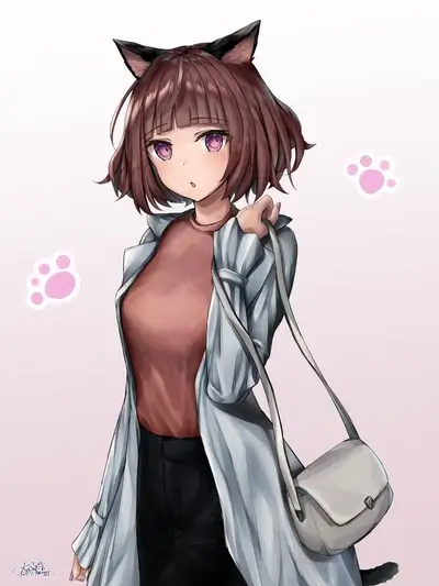 Anime girl with cat ears, short brown hair, and stylish casual outfit