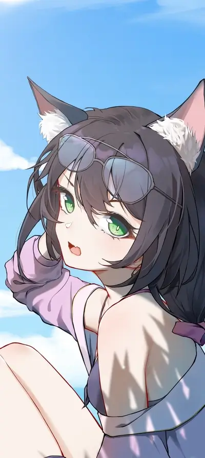 Anime girl with cat ears wearing sunglasses in the sky