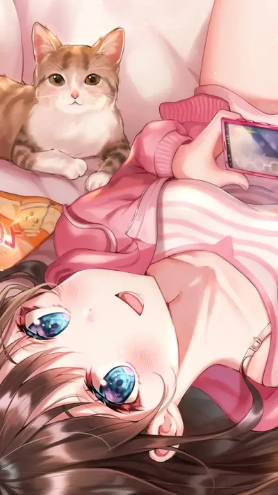 Anime girl with cat relaxing and playing on handheld device