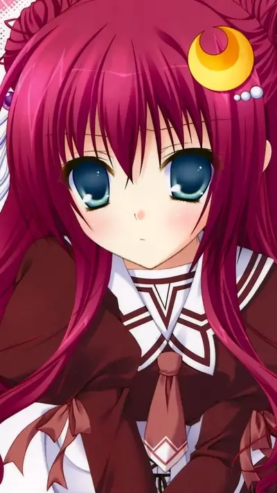 Anime girl with crimson hair and a crescent moon hairpin