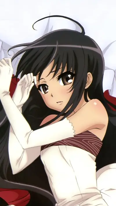Anime girl with dark hair and gloves is lying on white bedding