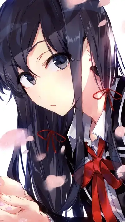 Anime girl with dark hair and red bow
