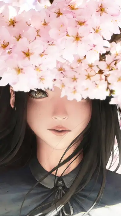 Anime girl with dark hair beneath cherry blossom branches