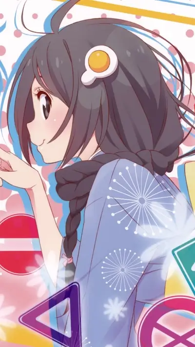 Anime girl with egg-shaped hair ornament, wearing a pattern-decorated blue yukata