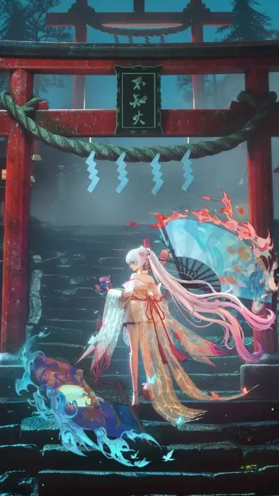 Anime girl with fans in a Japanese shrine