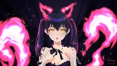 Anime girl with flame horns and pigtails against dark background