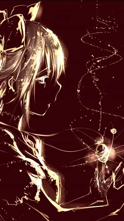 Anime girl with flowing hair and a bright, sparkling object, dark background