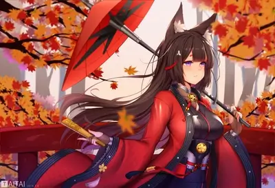 Anime girl with fox ears in autumn setting