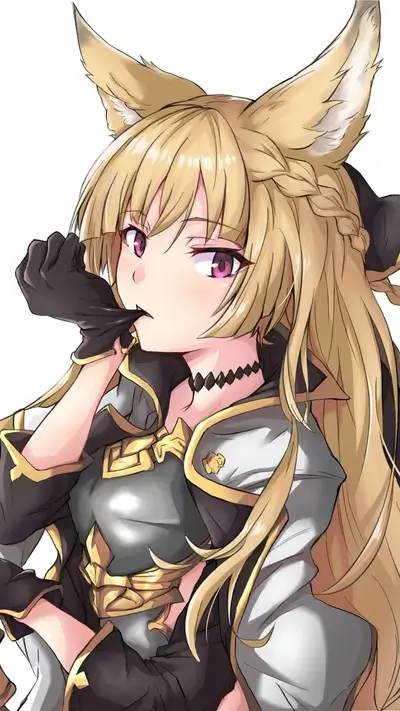 Anime girl with fox ears in ornate outfit, playful gesture