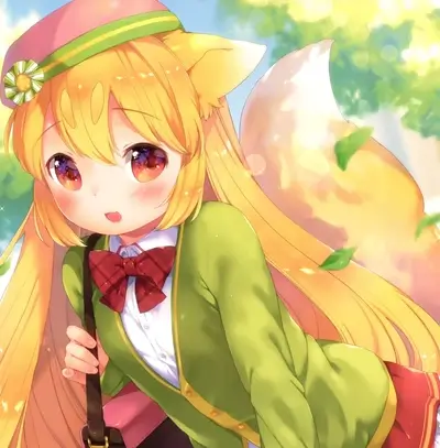 Anime girl with fox ears, school uniform and pink hat in a bright setting