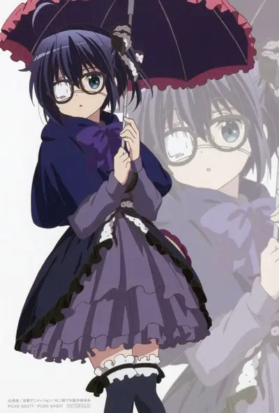 Anime girl with glasses and umbrella, gothic lolita fashion