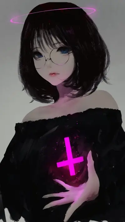 Anime girl with glowing halo and cross in hand