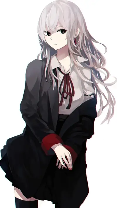 Anime girl with gray hair, wearing black blazer, and a ribbon