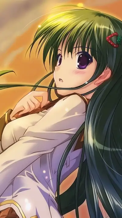 Anime girl with green hair and purple eyes looking upwards