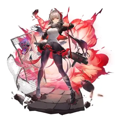 Anime girl with gun in action, surrounded by explosion and flying debris