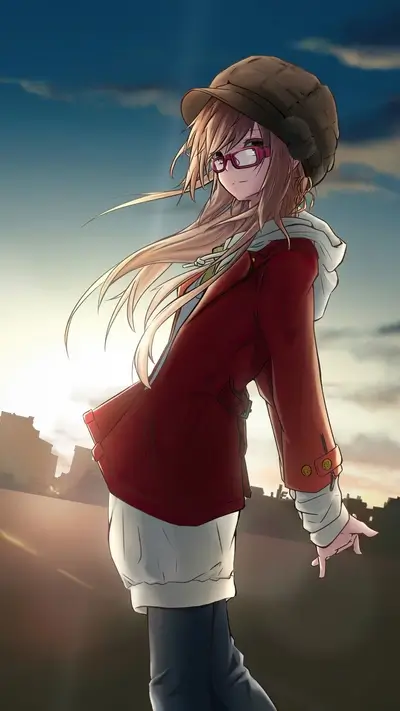 Anime girl with hat, glasses, and red jacket standing in city
