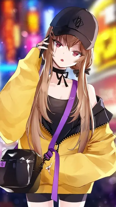 Anime girl with hat, yellow jacket, black top, and black bag standing city