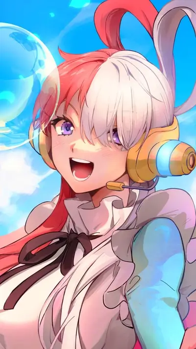 Anime girl with headphones and a joyful expression
