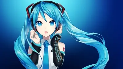 Anime girl with headphones and long blue hair