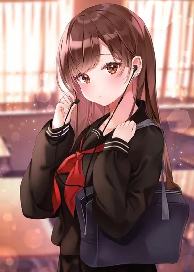 Anime girl with headphones and school uniform