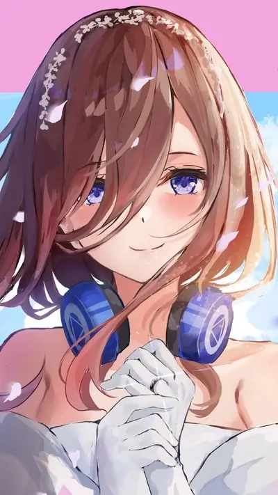 Anime girl with headphones and white gloves