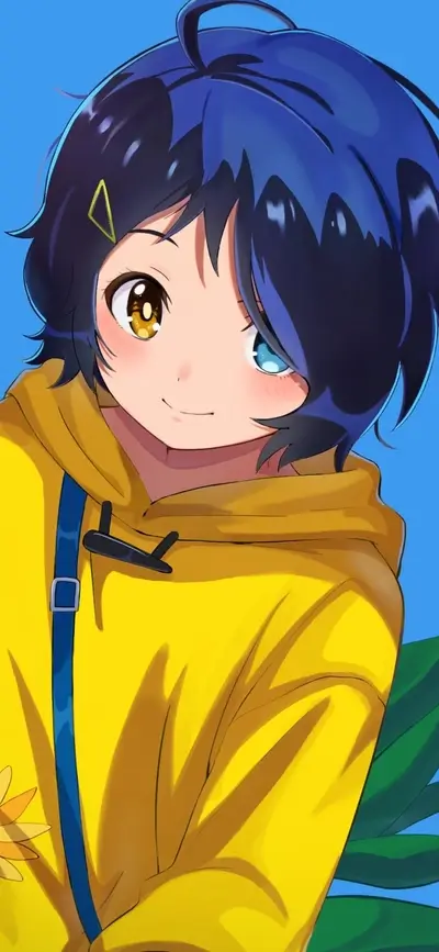 Anime girl with heterochromia eyes smiles, wearing a yellow hoodie