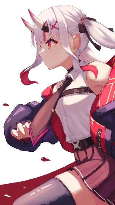Anime girl with horns, striking pose and red eyes