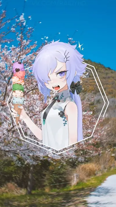 Anime girl with ice cream in spring