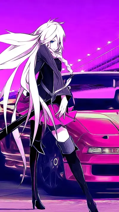 Anime girl with katana and pink car