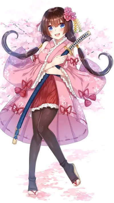 Anime girl with katana in sakura blossoms