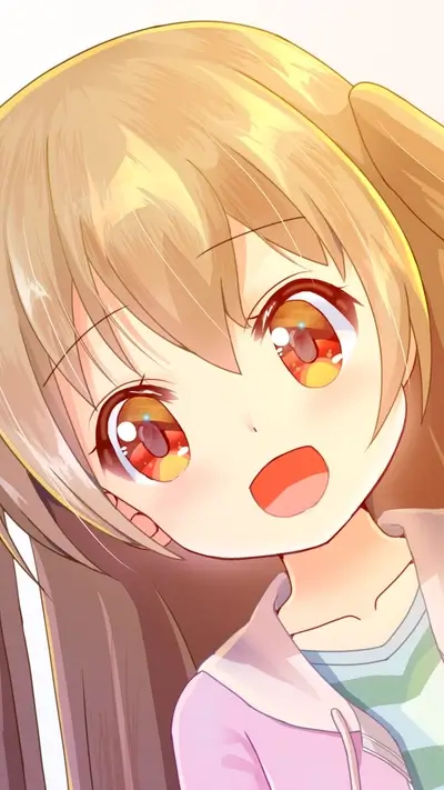 Anime girl with large eyes and happy expression, fair skin