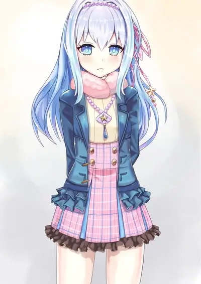 Anime girl with light blue hair, wearing a skirt and jacket