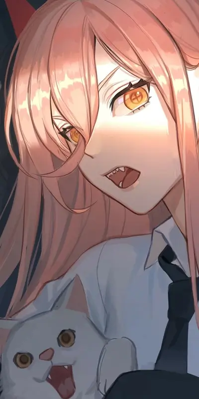 Anime girl with light pink hair and white cat, slight grin showing teeth