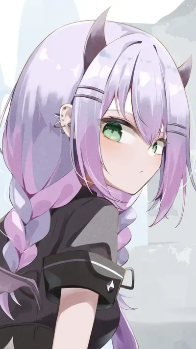 Anime girl with light purple hair, green eyes, and demon horns