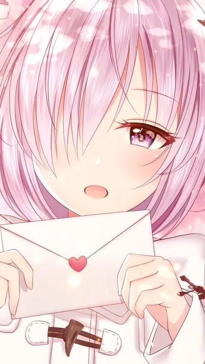 Anime girl with lilac hair holding love letter