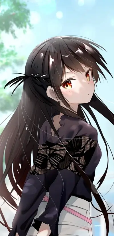 Anime girl with long black hair, gazing over her shoulder with an outdoor background